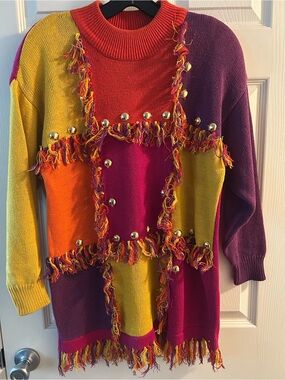 Vintage Multicolor Fringe Patchwork Sweater
